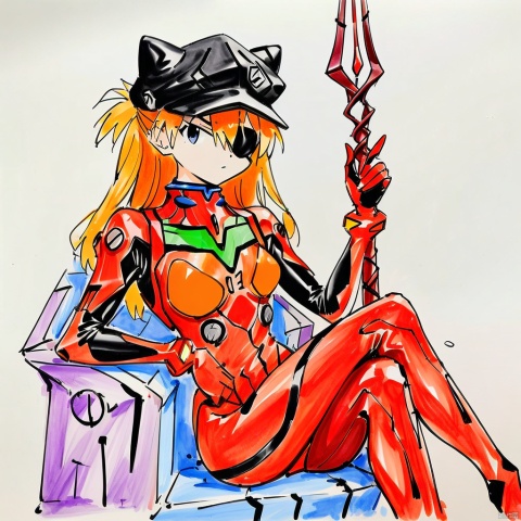  colored_pencil_drawing,masterpiece, best quality, 1girl, souryuu asuka langley, neon genesis evangelion, rebuild of evangelion, lance of longinus, cat hat, plugsuit, pilot suit, red bodysuit, sitting, crossed legs, black eye patch, throne, looking down, from bottom, looking at viewer, outdoors, masterpiece, best quality, very aesthetic, absurdres