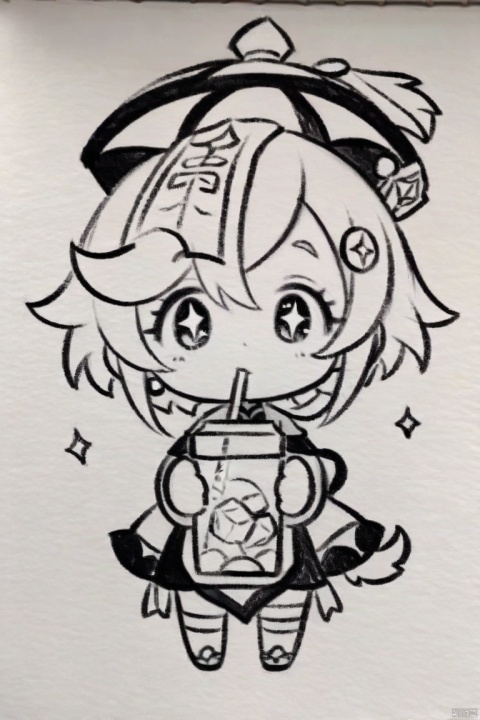  traditional media, monochrome, greyscale,masterpiece, best quality, qiqi (genshin impact), hat 1girl, drinking straw, solo, holding, looking at viewer, chibi, drink,coconut, drinking straw in mouth, milk carton, simple background, sparkling eyes, +_+, symbol-shaped pupils, wide sleeves, chinese clothes, juice box, talisman, can, bendy straw, white background, holding drink