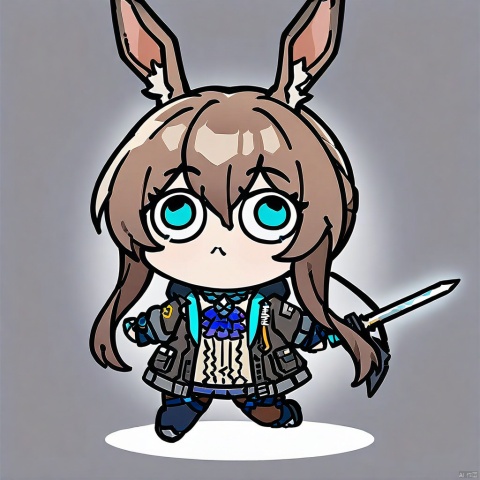 style-parody,chibi,full_body,(masterpiece),(best quality),1girl, animal ears, amiya (arknights), solo, blue eyes, rabbit ears, long hair, holding, looking at viewer, blood, weapon, blue ascot, upper body, holding weapon, brown hair, ascot, hair between eyes, sword, holding sword, jacket, blood on face, closed mouth, open clothes, sidelocks, open jacket, jewelry, shirt, neck ring, white shirt, black jacket, ponytail, glowing,