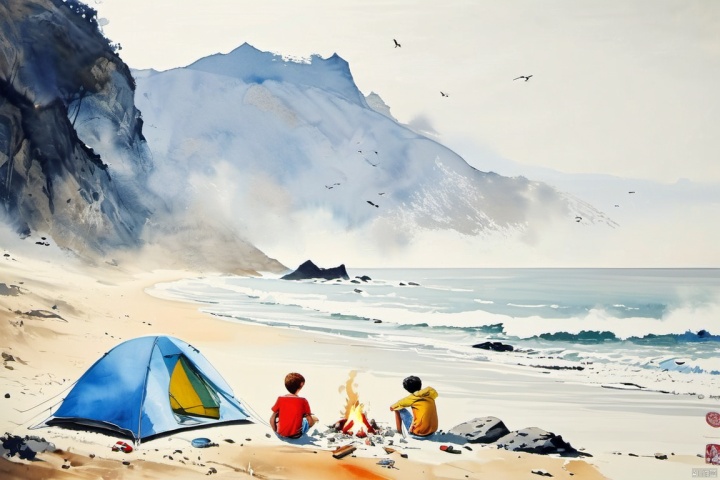 scenery, outdoors,(Camping by the seaside:1.2),(sense of modernity:1.2),(camp),1boy,(on the beach:1.2), painting \(medium\), traditional media, branch, watercolor\(medium\), ink-painting