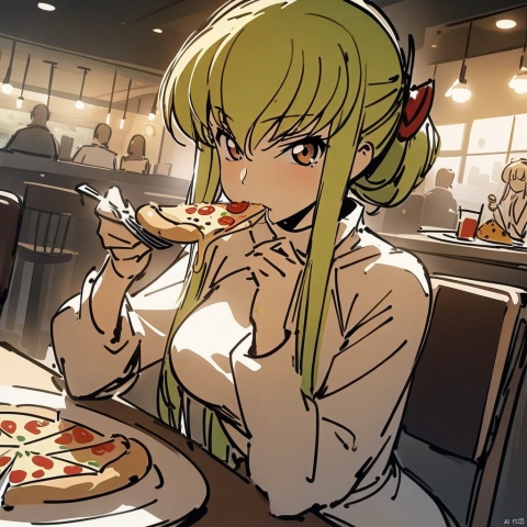  (sketch-style), (masterpiece),(best quality), 1girl, c.c., code geass, white shirt, long sleeves, turtleneck, sitting, looking at viewer, eating, pizza, plate, fork, knife, table, chair, table, restaurant, cinematic angle, cinematic lighting, masterpiece, best quality