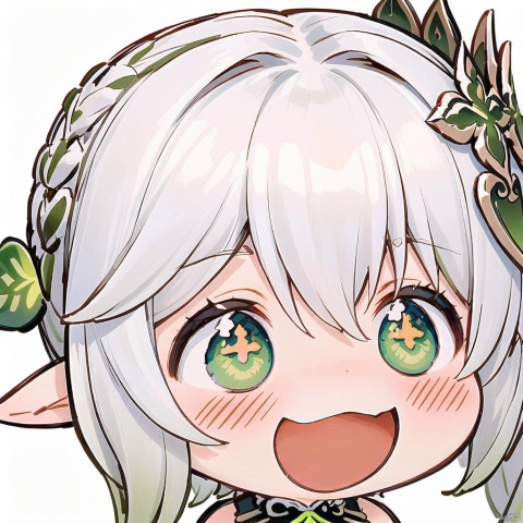 smile, :d, chibi, nahida \(genshin impact\), 1girl, solo, green eyes, pointy ears, multicolored hair, hair ornament, white hair, open mouth, white background, simple background, side ponytail, symbol-shaped pupils, blush, bangs, green hair, gradient hair, long hair, cross-shaped pupils, hair between eyes, female child