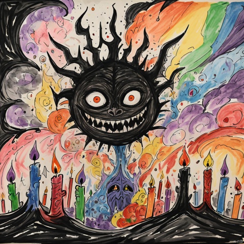  colored_pencil_drawing, masterpiece, best quality, children-drawing of an terrifying demon, candles, in a dark room, explosion of liquid splash darkness, highly detailed, fantasy background, smoke, rainbow, devil, hell, disturbing