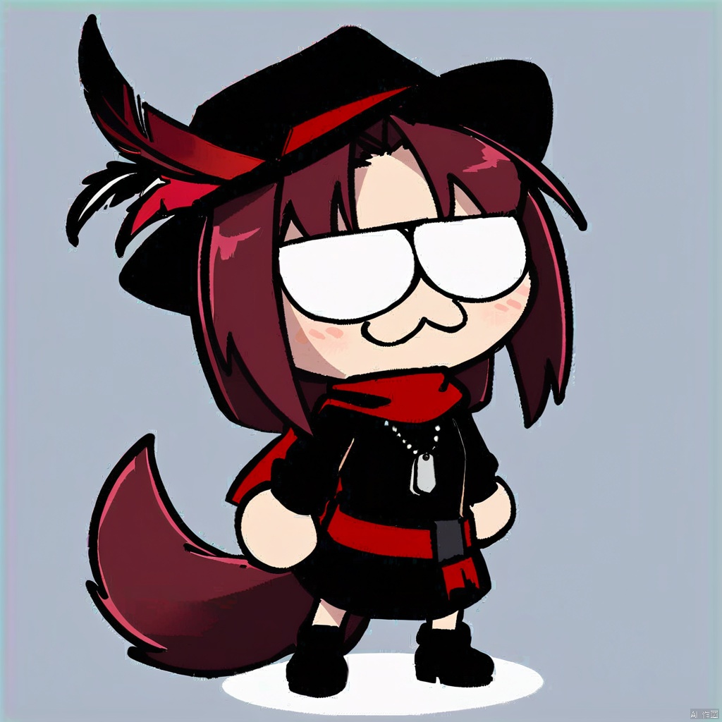  1girl, solo,red hair, black hat, hat feather, red scarf, black jacket, dog_tags,neco-arc, chibi, :3, tail,
