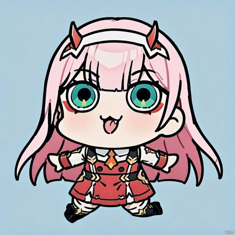 style-parody,chibi,full_body,(masterpiece),(best quality),1girl, aqua_background, aqua_eyes, blue_background, buttons, double-breasted, fangs, green_eyes, hairband, horns, long_hair, looking_at_viewer, military, military_uniform, necktie, pink_hair, sky, solo, tongue, tongue_out, uniform, white_hairband, zero_two_\(darling_in_the_franxx\)