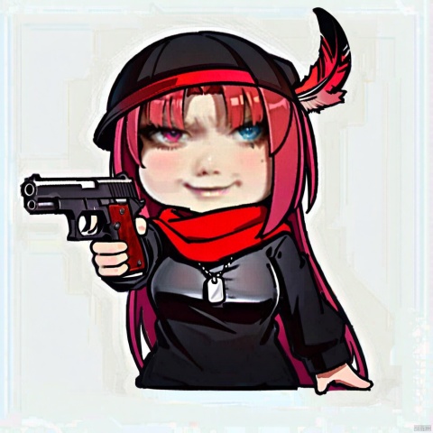  1girl, solo,red hair, black hat, hat feather, red scarf, black jacket, dog_tags,

weapon, heterochromia, gun, holding_weapon, aiming, holding_gun, aiming_at_viewer, holding, , handgun, chibi, virtual_youtuber, simple_background,longtu-face