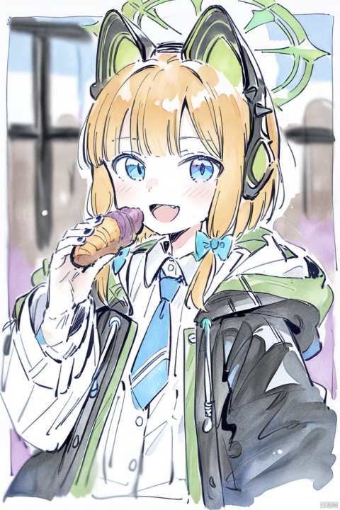  (hand-drawn-style), (masterpiece),(best quality),1girl, midori \(blue archive\), blue archive, aiamu iamu, holding food, holding, hooded jacket, food, sidelocks, :d, collared shirt, blurry, long sleeves, puffy sleeves, headphones, blue bow, hand up, necktie, upper body, halo, looking at viewer, jacket, sleeves past wrists, blush, nail polish, blue necktie, animal ear headphones, blurry background, blonde hair, shirt, green eyes, hood down, open clothes, depth of field, hood, smile, white jacket, fake animal ears, bow, puffy long sleeves, open jacket, solo, dress shirt, animal ears, white shirt, blue nails, hair bow, long hair, drawstring, sweet potato,