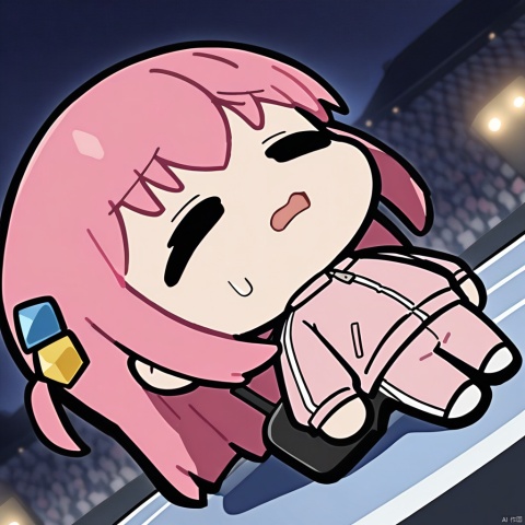 lying-on-back, chibi,(masterpiece),(best quality),1/girl, gotoh_hitori, bocchi_the_rock!, masterpiece, best quality, very aesthetic, absurdres, standing, stadium, holding guitar, facing viewer, nervous expression, pink tracksuit, audience background, stage lights, night, 2.5D,