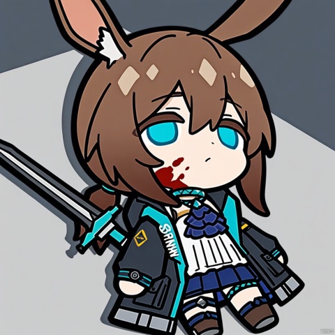 lying-on-back, chibi,(masterpiece),(best quality),1girl, animal ears, amiya (arknights), solo, blue eyes, rabbit ears, long hair, holding, looking at viewer, blood, weapon, blue ascot, upper body, holding weapon, brown hair, ascot, hair between eyes, sword, holding sword, jacket, blood on face, closed mouth, open clothes, sidelocks, open jacket, jewelry, shirt, neck ring, white shirt, black jacket, ponytail, glowing, 