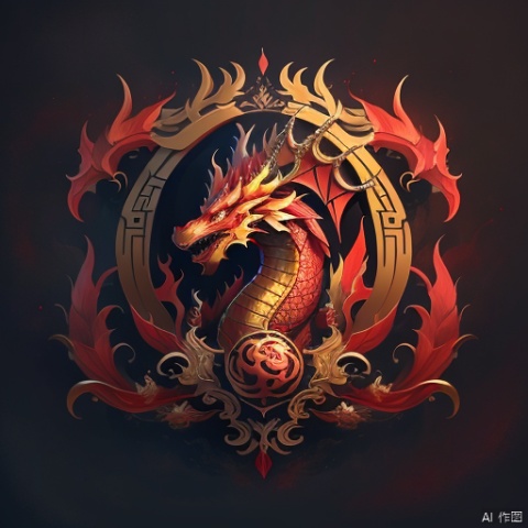 logo,chinese dragon,golden,scales, dragon horns, red hair, dragon claws, Symmetrical beauty