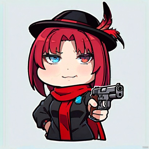  1girl, solo,red hair, black hat, hat feather, red scarf, black jacket, dog_tags,

weapon, heterochromia, gun, holding_weapon, aiming, holding_gun, aiming_at_viewer, holding, , handgun, chibi, virtual_youtuber, simple_background,longtu-face