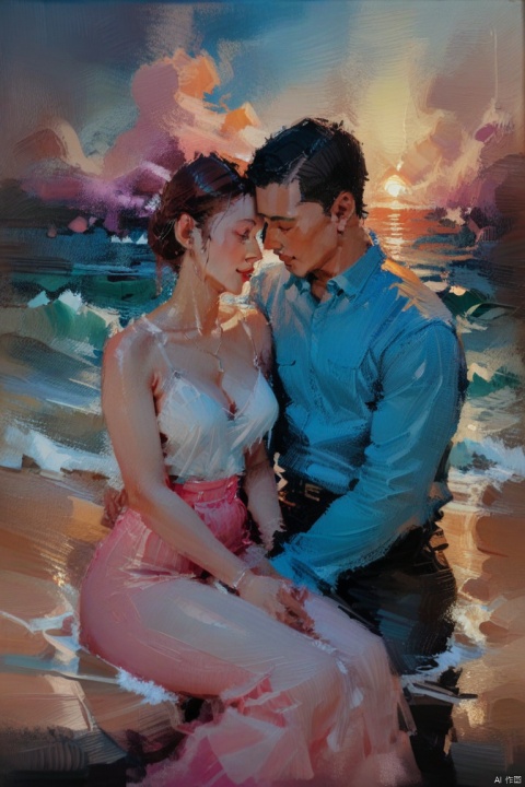  oil_painting, oil-painting-style, 1boy and 1girl,Ethereal aesthetic, two lovers intertwined on a beach at sunset, the sound of waves crashing in the background. warm and bright sunlight, a mesmerizing blend of light and shadow. masterpiece, absurdres, intricate details