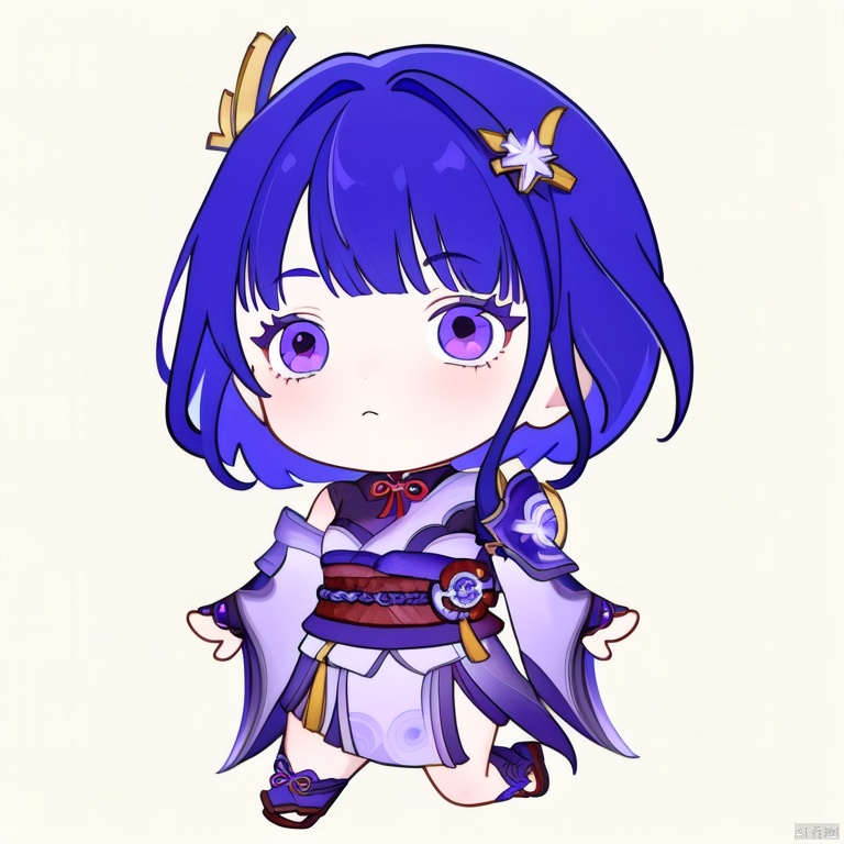 1girl, raiden shogun, long hair, purple eyes, solo, japanese clothes, bangs, purple hair, braid, sidelocks, kimono, hair ornament, armor, sash, shoulder armor, blunt bangs, simple background, obi, ribbon, single braid, chibi,style-parody, full_body