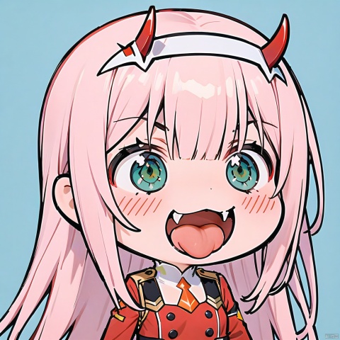 smile, :d, chibi,(masterpiece),(best quality),1girl, aqua_background, aqua_eyes, blue_background, buttons, double-breasted, fangs, green_eyes, hairband, horns, long_hair, looking_at_viewer, military, military_uniform, necktie, pink_hair, sky, solo, tongue, tongue_out, uniform, white_hairband, zero_two_\(darling_in_the_franxx\)