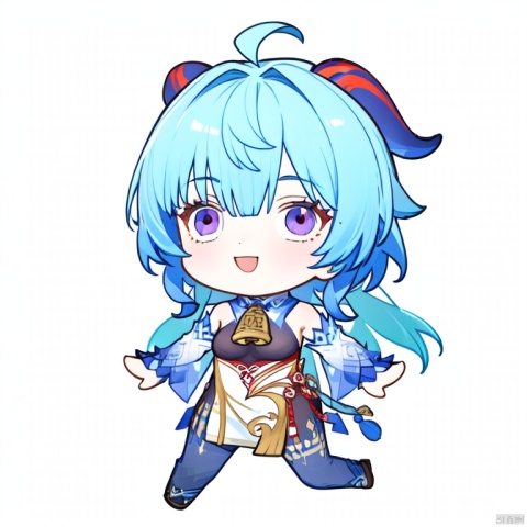 1girl, ganyu \(genshin impact\), horns, solo, blue hair, long hair, bell, neck bell, detached sleeves, ahoge, chibi, bangs, purple eyes, smile, sidelocks, white sleeves, open mouth, breasts, bare shoulders, upper body, :d, medium breasts, multicolored eyes,chibi, style-parody,full_body