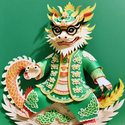  paper-cut,Half a dragon, a Chinese dragon, youthful and immortal, with pearl like scales, gorgeous colors, cute and quirky style, exquisite bear, majestic horns, wearing-green Chinese Hanfu, paired with round sunglasses, rich and colorful, full of youthful Natural, ultra-high, color-angle, stunning, film photography,