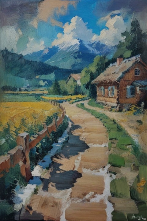  oil_painting, oil-painting-style, The image depicts a peaceful rural scene, There's a wooden house on the right side, surrounded by lush green fields dotted with yellow flowers, A wooden fence runs along the field, and a pathway leads to the house, In the background, there are clouds in the sky and a mountain in the distance, The art style appears to be impressionist, characterized by soft brushstrokes and a focus on the interplay of light and shadow,