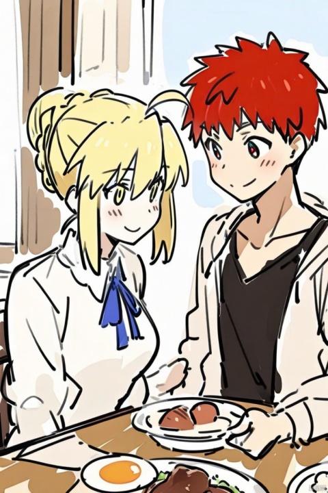  (sketch-style), (masterpiece),(best quality), A boy and a girl, Emiya Shirou and Artoria Pendragon from fate series, having their breakfast in the dining room. Emiya Shirou wears white t-shirt and jacket. Artoria Pendragon wears white dress with blue neck ribbon. Rice, soup, and minced meats are served on the table. They look at each other while smiling happily, masterpiece, best quality
