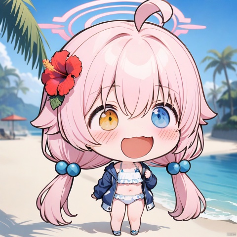 smile, :d, chibi,chibi, full body, (masterpiece),(best quality),solo, red flower, 1girl, hoshino (blue archive), flower, blue jacket, hoshino (swimsuit) (blue archive), hair ornament, white bikini, frilled bikini, heterochromia, swimsuit, twintails, long hair, ahoge, yellow eyes, bikini, navel, halo, blush, looking at viewer, jacket, frills, low twintails, blue eyes, open mouth, pink hair, collarbone, hair between eyes, hair bobbles, outdoors, long sleeves, hair flower, official alternate costume, hibiscus, open clothes, blurry