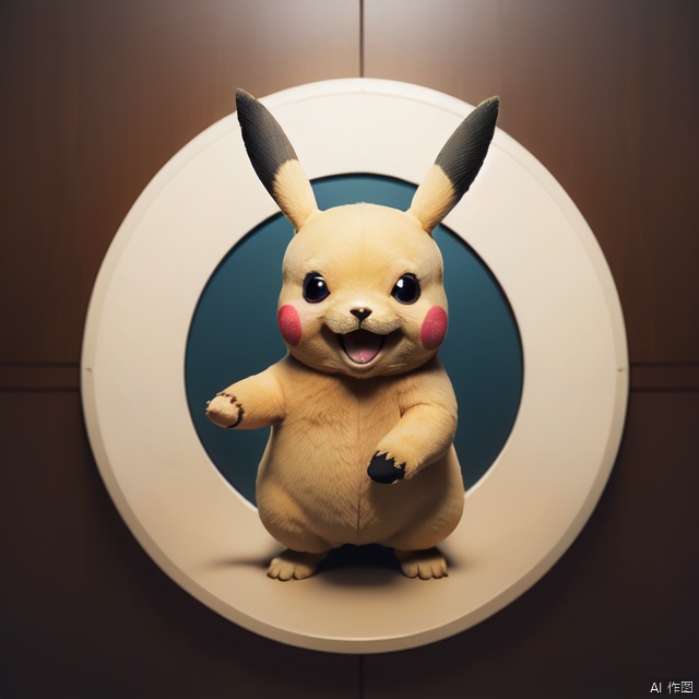 logo, graphic,Pikachu, solo, standing, full body, brown eyes, closed mouth, blurry, smile
