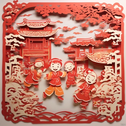 masterpiece,high quality,paper-cut art,nobody, solo,children, Smile, Chinese style, Chinese year, festive