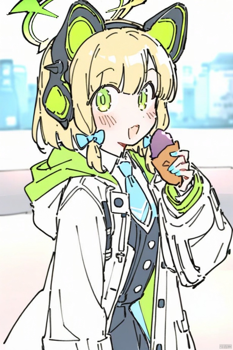 line-drawing-style,masterpiece,best quality, 1girl,
midori \(blue archive\), blue archive,
aiamu iamu,
holding food, holding, hooded jacket, food, sidelocks, :d, collared shirt, blurry, long sleeves, puffy sleeves, headphones, blue bow, hand up, necktie, upper body, halo, looking at viewer, jacket, sleeves past wrists, blush, nail polish, blue necktie, animal ear headphones, blurry background, blonde hair, shirt, green eyes, hood down, open clothes, depth of field, hood, smile, white jacket, fake animal ears, bow, puffy long sleeves, open jacket, solo, dress shirt, animal ears, white shirt, blue nails, hair bow, long hair, drawstring, sweet potato,