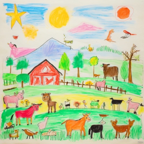 children-drawing, a colorful and detailed drawing of an animal farm, featuring various animals such as cows, dogs, horses, deer, and birds. there are at least 13 different animals in the scene, each with distinct characteristics.

the setting appears to be a lush green field or pasture where these animals coexist peacefully. a small house can also be seen within this picturesque landscape, adding charm to the overall composition.