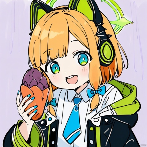  colored_pencil_drawing, masterpiece, best quality, 1girl, midori \(blue archive\), blue archive, aiamu iamu, holding food, holding, hooded jacket, food, sidelocks, :d, collared shirt, blurry, long sleeves, puffy sleeves, headphones, blue bow, hand up, necktie, upper body, halo, looking at viewer, jacket, sleeves past wrists, blush, nail polish, blue necktie, animal ear headphones, blurry background, blonde hair, shirt, green eyes, hood down, open clothes, depth of field, hood, smile, white jacket, fake animal ears, bow, puffy long sleeves, open jacket, solo, dress shirt, animal ears, white shirt, blue nails, hair bow, long hair, drawstring, sweet potato,