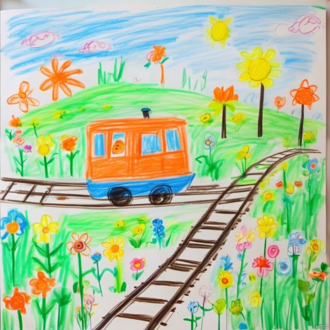  children-drawing,cute orange metro on the tracks, blue sky, bright light, flowers and grass, in the style of cartoonish designs, dreamlike visuals, soft sculptures, webcam, bright colors, bold shapes, coastal landscapes, capturing moments