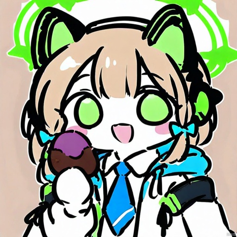  ,chibi,flat-color-style,(masterpiece),(best quality),1girl,midori \(blue archive\),blue archive,aiamu iamu,holding food,holding,hooded jacket,food,sidelocks,:d,collared shirt,blurry,long sleeves,puffy sleeves,headphones,blue bow,hand up,necktie,upper body,halo,looking at viewer,jacket,sleeves past wrists,blush,nail polish,blue necktie,animal ear headphones,blurry background,blonde hair,shirt,green eyes,hood down,open clothes,depth of field,hood,smile,white jacket,fake animal ears,bow,puffy long sleeves,open jacket,solo,dress shirt,animal ears,white shirt,blue nails,hair bow,long hair,drawstring,sweet potato,