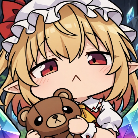 close-up, chibi, :<, (masterpiece),(best quality),1girl, flandre scarlet, touhou, hat, mob cap, solo, blonde hair, stuffed toy, red vest, wings, stuffed animal, teddy bear, red eyes, crystal, vest, white headwear, outdoor, short sleeves, one side up, holding, puffy sleeves, skirt, shirt, pointy ears, red skirt, looking at viewer, puffy short sleeves, ascot, yellow ascot, wrist cuffs, white shirt, holding stuffed toy, bow, frills, red bow, collared shirt, ribbon, frilled shirt collar, red ribbon, medium hair masterpiece, best quality, very aesthetic, absurdres