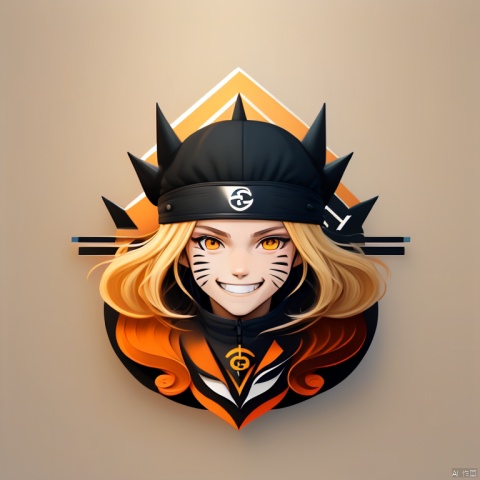  (logo,graphic:1.3),masterpiece,best quality,1boy, blonde hair, male focus, solo, smile, uzumaki naruto, grin, chibi, forehead protector, konohagakure symbol, looking at viewer, headband, facial mark, orange eyes, round image, whisker markings, jacket, spiked hair