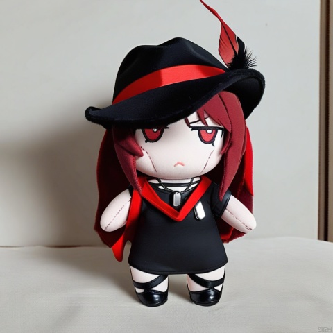  1girl, solo,red hair, black hat, hat feather, red scarf, black jacket, dog_tags,plush-doll-style,