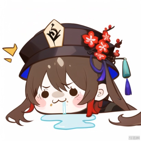  drooling, 1girl, chibi, hu tao \(genshin impact\), hat, brown hair, flower, white background, simple background, solo, twintails, hat flower, :3, food on face, food, black headwear, long hair, bangs, blush stickers, ^^^, ghost