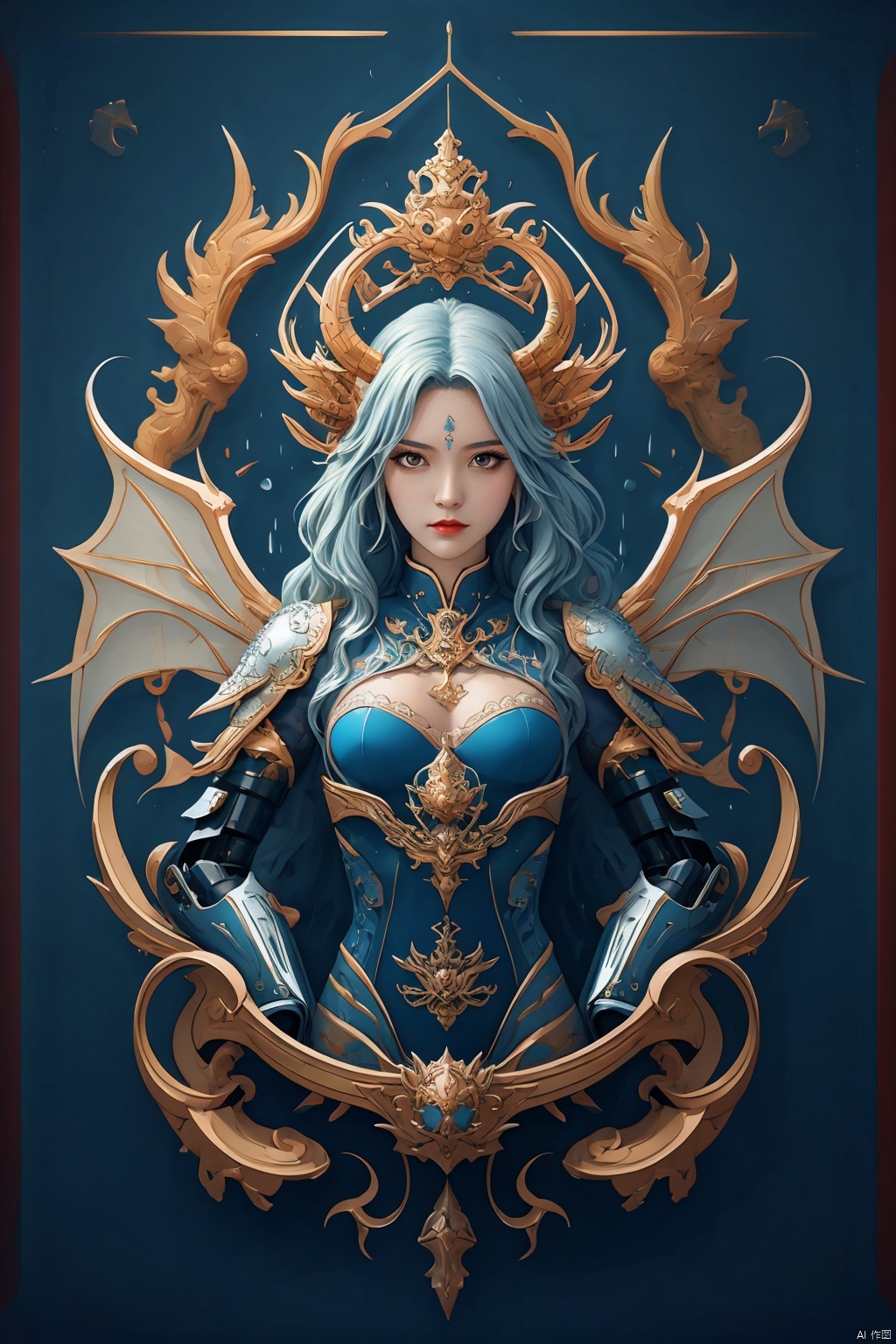  logo,graphic,{{master piece}},best quality,illustration,1girl,small breast,beatiful detailed eyes,beatiful detailed cyberpunk city,flat_chest,beatiful detailed hair,wavy hair,beatiful detailed steet,mecha clothes,robot girl,cool movement,sliver bodysuit,{filigree},dargon wings,colorful background,a dragon  stands behind the girl,rainy days,{lightning effect},beatiful detailed sliver dragon arnour,（cold face）, nezha, dofas, aoguang