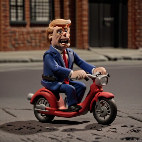 claymation-style, clay,close-up of donald trump and Joe Biden in suit, laughing on a tandem bycicle, in a city street, (fingerprints:1.2),  DOF, sharp focus,