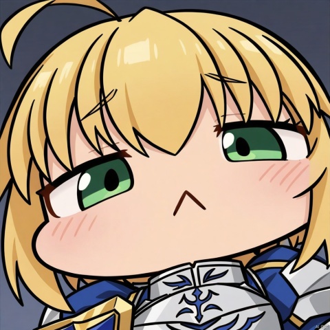 close-up, chibi, :<, (masterpiece),(best quality),1girl, artoria pendragon \(fate\), solo, saber, blonde hair, weapon, holding sword, armor, ahoge, green eyes, dress, armored dress, gauntlets, excalibur \(fate/stay night\)