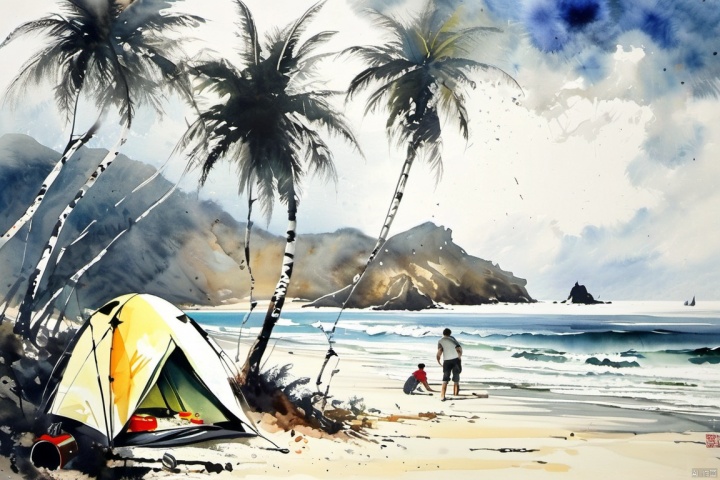 scenery, outdoors,(Camping by the seaside:1.2),(sense of modernity:1.2),(camp),1boy,(on the beach:1.2), painting \(medium\), traditional media, branch, watercolor\(medium\), ink-painting
