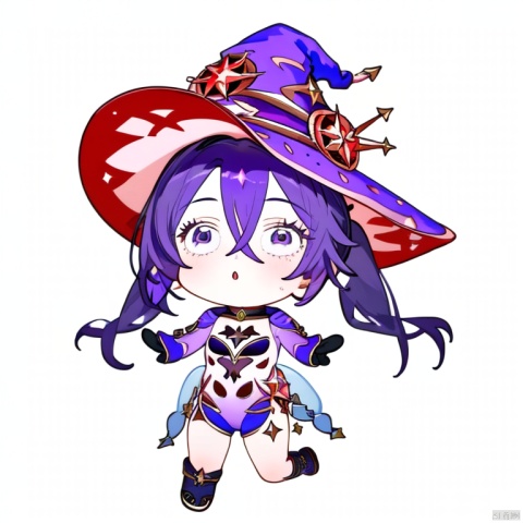 chibi,style-parody,1girl, mona \(genshin impact\), hat, solo, witch hat, twintails, long hair, gloves, grey eyes, chibi, bangs, hair between eyes, sidelocks, black gloves, pointing, purple hair, :o, hat ornament, choker, black hair, long sleeves, simple background, parted lips, open mouth