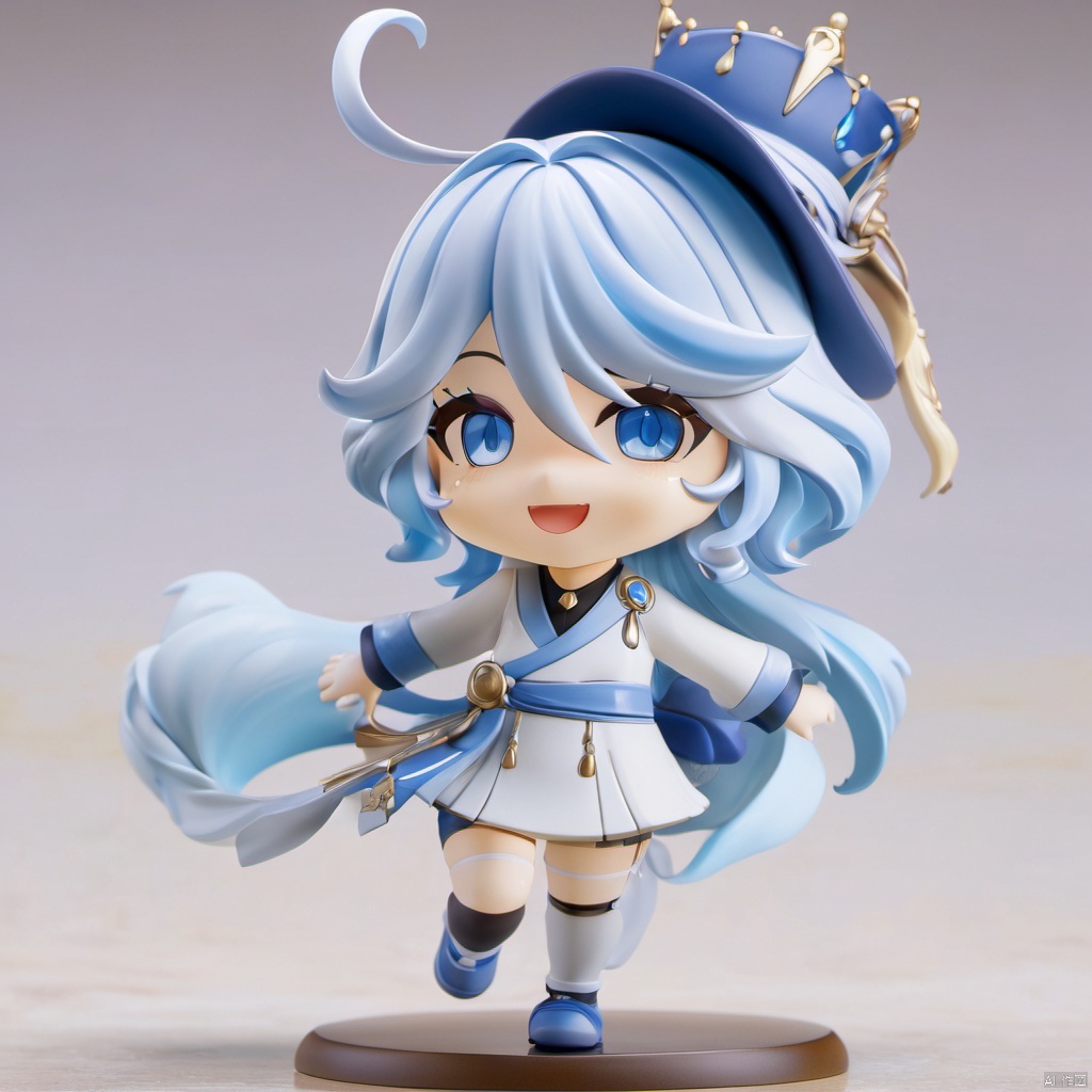  ((masterpiece,best quality)), highres, 1girl, furina, heterochromia, blue hat, tears in eyes, smile, long sleeves, looking back,figurine,full body, 