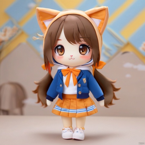  stuffed-toy, full body, a stuffed doll of 1girl,solo,animal ears,bow,teeth,jacket,tail,open mouth,brown hair,orange background,bowtie,orange nails,simple background,cat ears,orange eyes,blue bow,animal ear fluff,cat tail,looking at viewer,upper body,shirt,school uniform,hood,striped bow,striped,white shirt,black jacket,blue bowtie,fingernails,long sleeves,cat girl,bangs,fangs,collared shirt,striped bowtie,short hair,tongue,hoodie,sharp teeth,facial mark,claw pose,