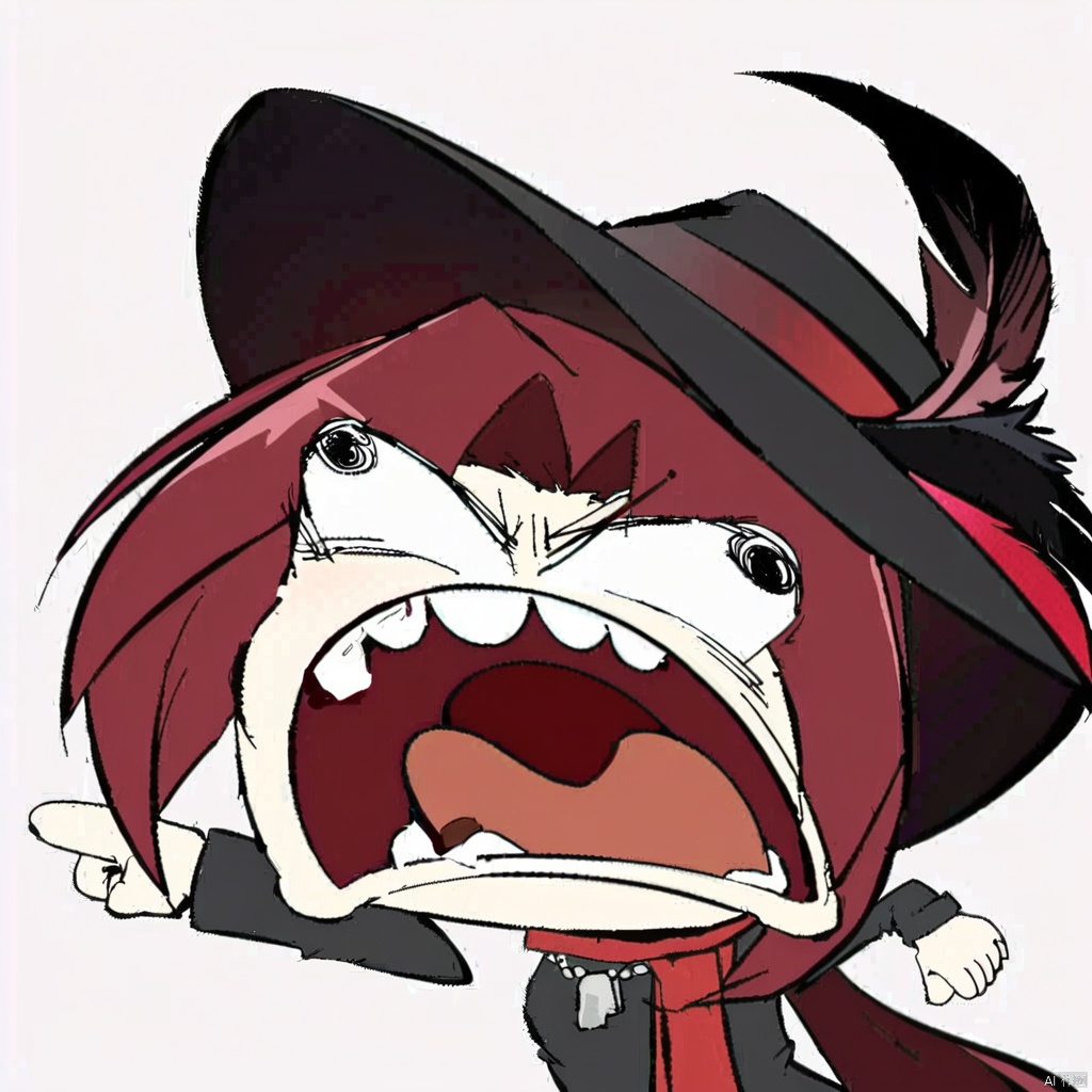  1girl, solo,red hair, black hat, hat feather, red scarf, black jacket, dog_tags,
,chibi,tongue out,long tongue,full body,chibi_parody_open mouth_teeth