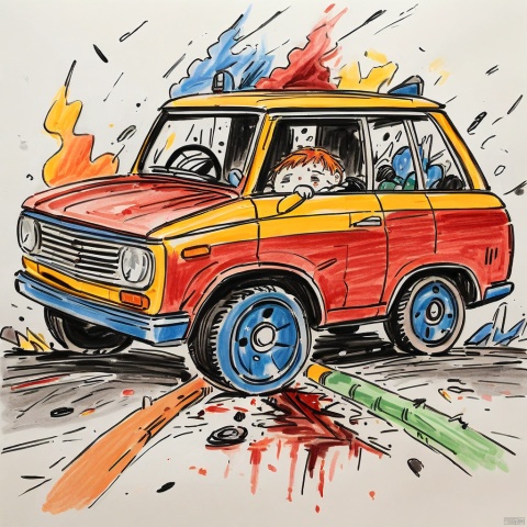  colored_pencil_drawing, masterpiece, best quality, children-drawing of a car crashed accident, sad, violence, blood, smoke, fire