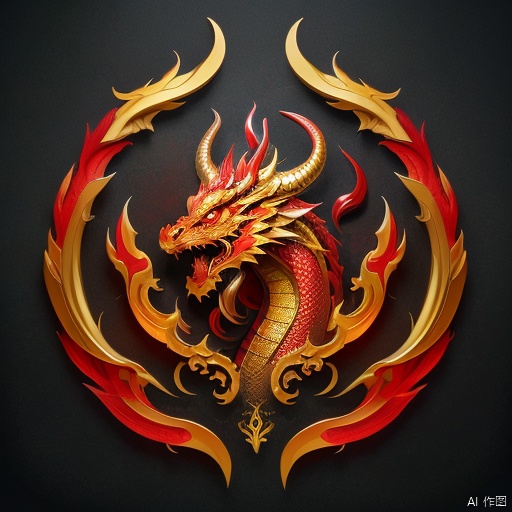 logo,chinese dragon,golden,scales, dragon horns, red hair, dragon claws, Symmetrical beauty