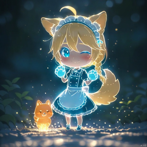 lineart,chibi,masterpiece, best quality, 1girl,solo,bangs,blush,smile,looking at viewer,ahoge,animal ear fluff,animal ears,animal hands,apron,blonde hair,blue eyes,braid,chibi,closed mouth,dog ears,dog tail,dress,enmaided,frilled apron,frilled dress,frills,gloves,hair between eyes,hands up,long hair,maid,maid apron,maid headdress,one eye closed,puffy short sleeves,puffy sleeves,short sleeves,tail,teeth,waist apron,white apron,white gloves