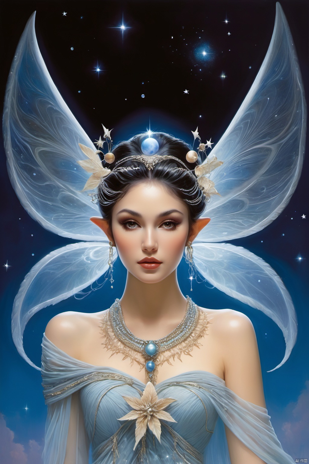  A conceptual masterpiece by Boris Vallejo, featuring a (((lunar fae))) intricately adorned with a (((macramé hairstyle))), composed of stars, moons, and stardust. The fae's ethereal wings are semi-transparent, with a softly glowing aura encircling them. The fae's outfit is a breathtaking mix of pearls and glowing gemstones, set against a (twilight backdrop) with a (beautiful backlight illuminating the figure). A swirling halo of smoky mist completes this (otherworldly scene)
