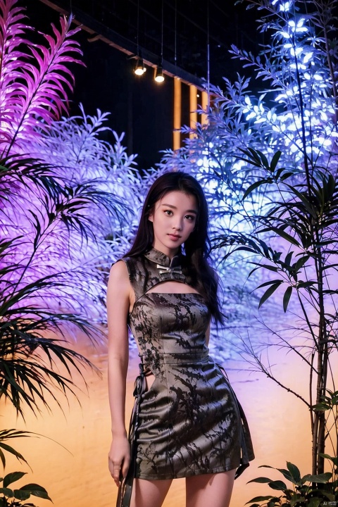  A neon-lit jungle with glowing flora and fauna,where the trees are circuit boards and the rivers flow with liquid light,a beautiful girl,Best quality,masterpiece,ultra high res, Chinese cheongsam, linzhiling