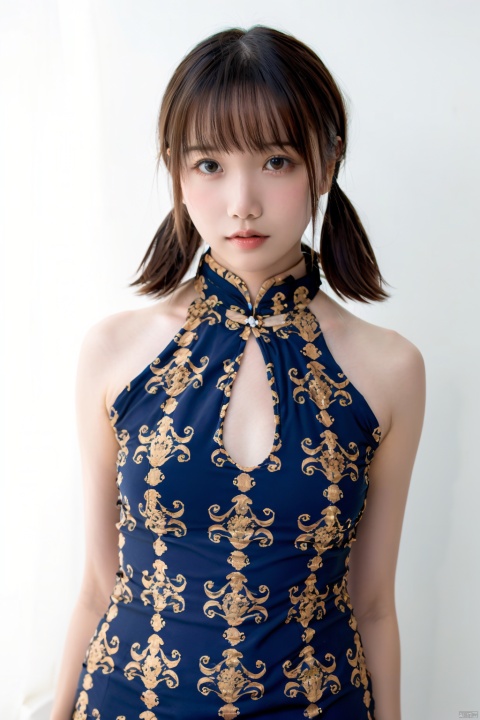  cxmxlz,1girl, solo, realistic, brown hair, dress, chinese clothes, twintails, china dress, brown eyes, looking at viewer, lips, breasts, short hair, white background, simple background, medium breasts, bangs, short twintails, nude, sleeveless dress, blue dress, artist name, short dress, cowboy shot, sleeveless, bare shoulders, print dress, shadow, nose, watermark, clothing cutout,