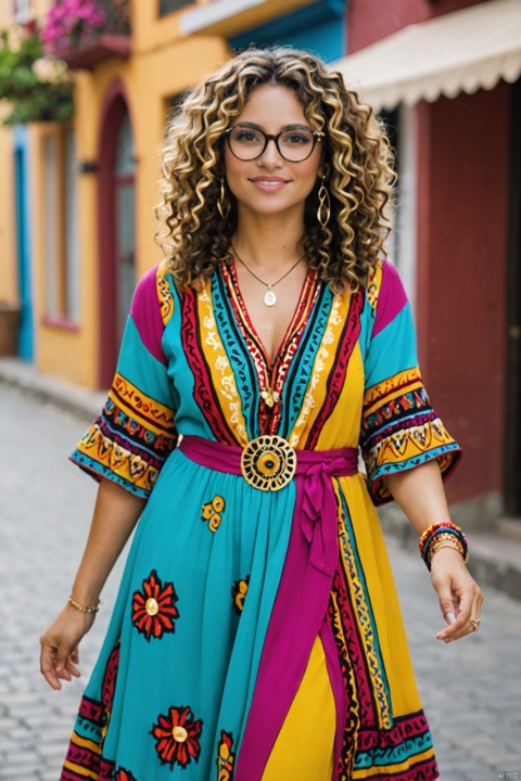 Diana, the Bahian woman, is a brunette with curly hair featuring blonde highlights at the tips. She wears glasses, has a slightly fuller figure, and dresses in colorful attire reminiscent of a gypsy outfit, reflecting her vibrant personality