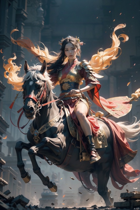  (best quality), (masterpiece), extremely detailed, Amazing,A man with a red face, almond-shaped eyes, a long beard, wearing ancient Chinese armor, a green outer robe, riding a red horse, holding a large sword, amidst smoke, in a burning ruin, multiple_hands ,masterpiece,official art,beautiful and aesthetic, geometric abstract background, esoteric,depth of field(zentangle, mandala, tangle, entangle), (colorful:1.1), (dynamic pose), (dynamic angle:1.4), glowing skin,a piece of art combining elements of Tang Dynasty Chinese court man paintings with Dunhuang flying Apsara figures. Against a backdrop of golden silk brocade hangs a delicate Chinese screen decorated with a scene of graceful women in flowing silk robes gathered around a perfume burner, their ornately coiffed hair and jeweled accessories catching the light. A flying apsara descends from above, her ethereal translucent form blended seamlessly into the composition. Dark ink lines delineate robes and architecture in delicate precision while washes of gold, pink and blue evoke the shimmer of silks and painted fans. Chinese scholar's rocks, flower vases and inscribed tablets create an atmosphere of refined leisure, capturing the elegance and splendor of T ang Dynasty court culture through a blend of spiritual and material aesthetics rendered in harmonizing tones on textured paper and fine silk
